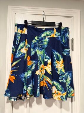 Chaps Size L Tropical Floral Skater Mini Skirt Navy Blue Hawaiian Stretch